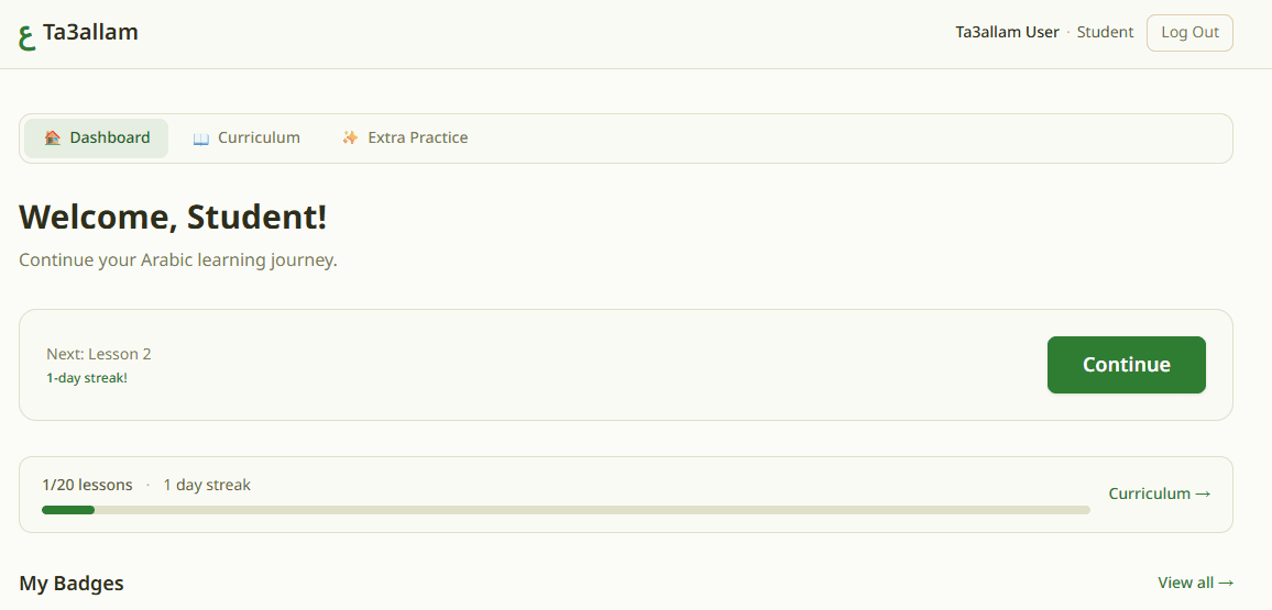 Student dashboard with badges and XP